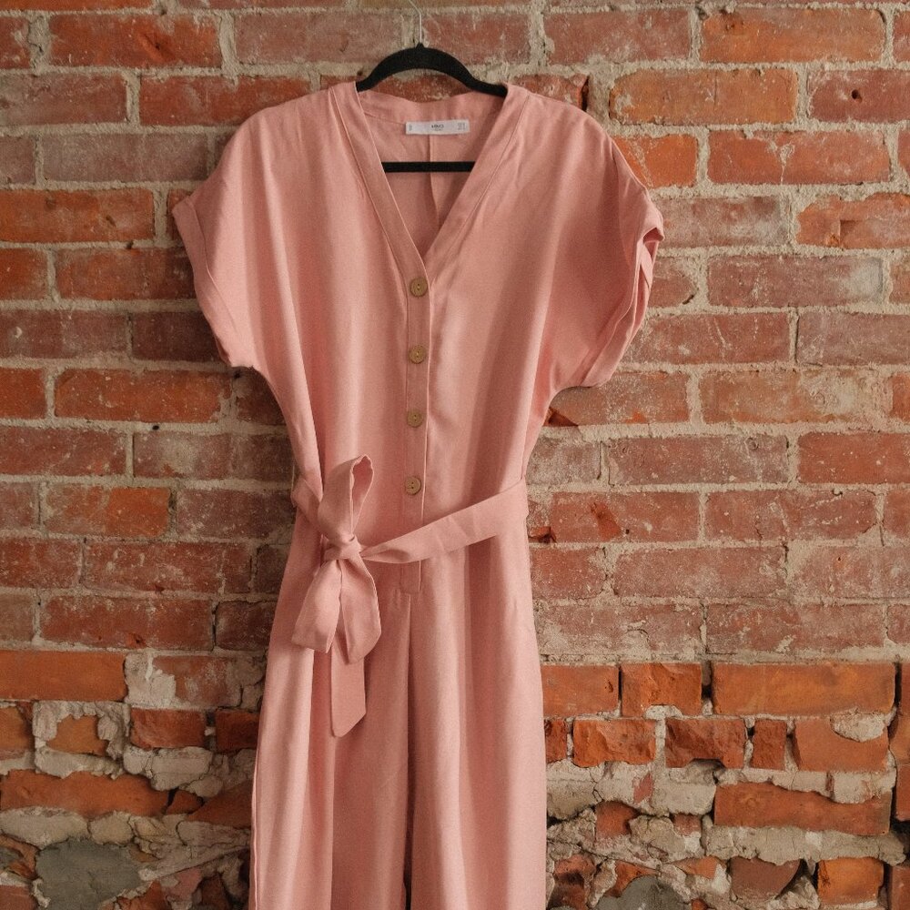 Mango Pink Button-Front Jumpsuit with Tie Belt